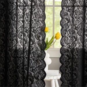 Black Lace Curtains 63 inches Length Elegant Vintage Floral Sheer Curtain Panels